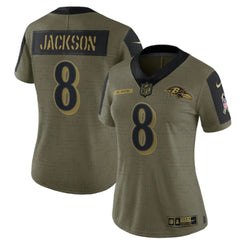 Women's Baltimore Ravens #8 Lamar Jackson 2021 Olive Salute To Service Limited Stitched Jersey(Run Small) 