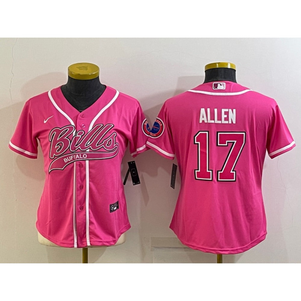 Women's Buffalo Bills #17 Josh Allen Pink With Patch Cool Base Stitched Baseball Jersey(Run Small) 