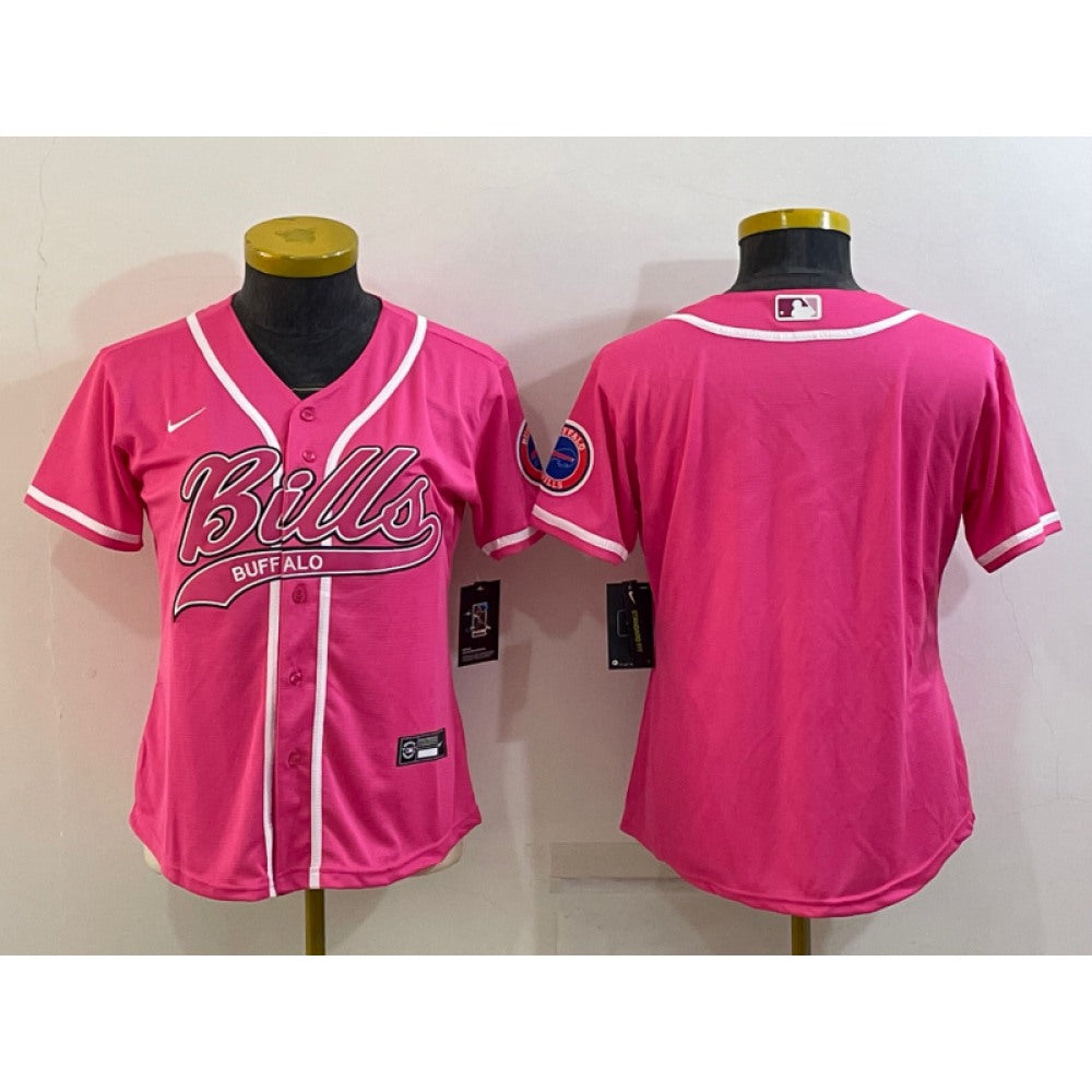Women's Buffalo Bills Blank Pink With Patch Cool Base Stitched Baseball Jersey(Run Small) 
