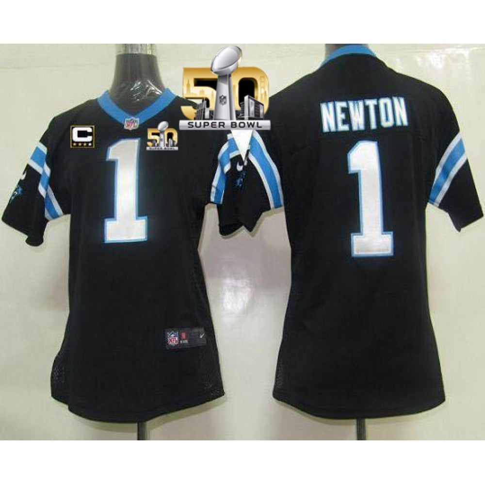 Panthers #1 Cam Newton Black Team Color With C Patch Super Bowl 50 Women's Stitched NFL Elite Jersey 