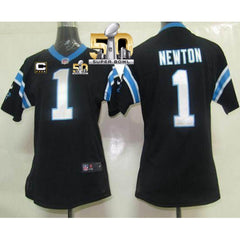 Panthers #1 Cam Newton Black Team Color With C Patch Super Bowl 50 Women's Stitched NFL Elite Jersey 