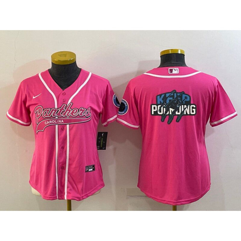 Women's Carolina Panthers Pink Team Big Logo With Patch Cool Base Stitched Baseball Jersey(Run Small) 