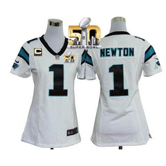 Panthers #1 Cam Newton White With C Patch Super Bowl 50 Women's Stitched NFL Elite Jersey 
