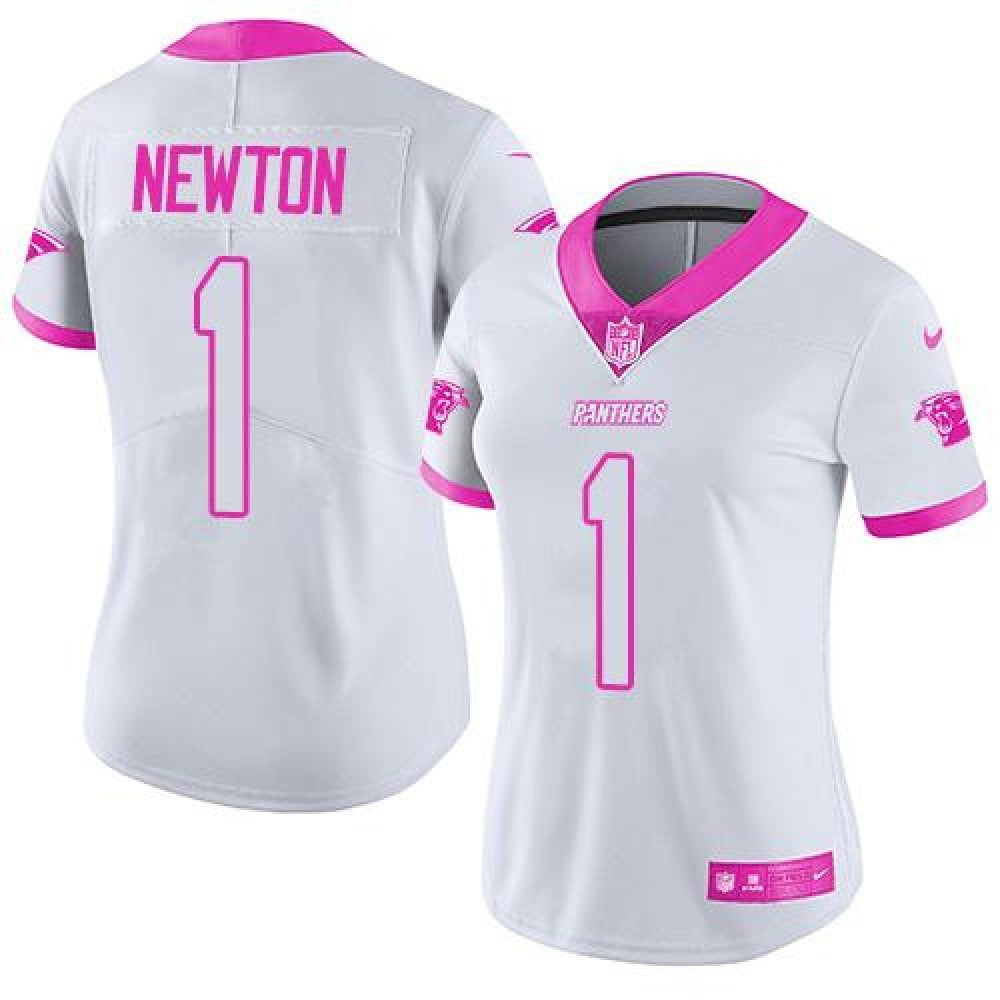 Panthers #1 Cam Newton White/Pink Women's Stitched NFL Limited Rush Fashion Jersey 