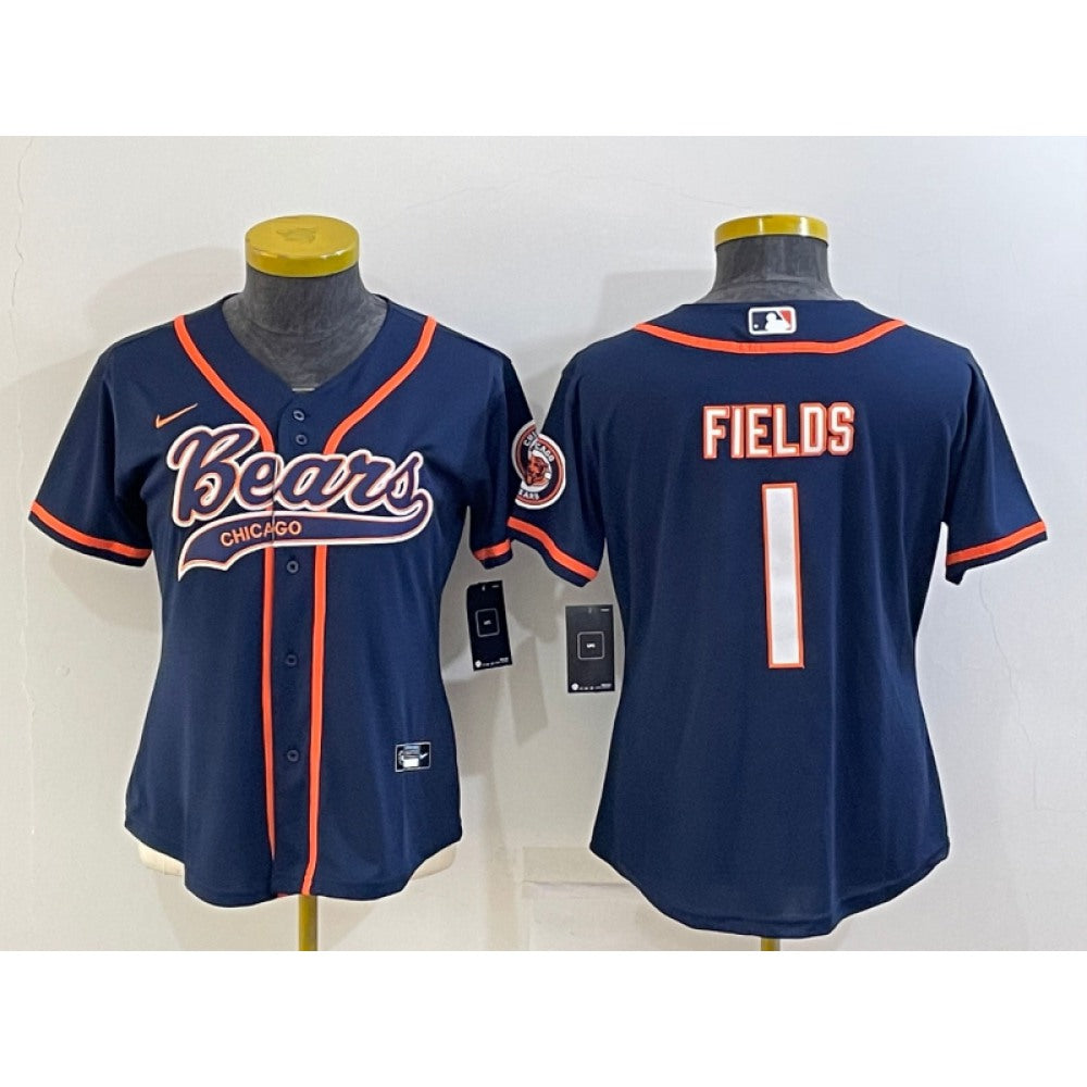 Women's Chicago Bears #1 Justin Fields Navy With Patch Cool Base Stitched Baseball Jersey(Run Small) 