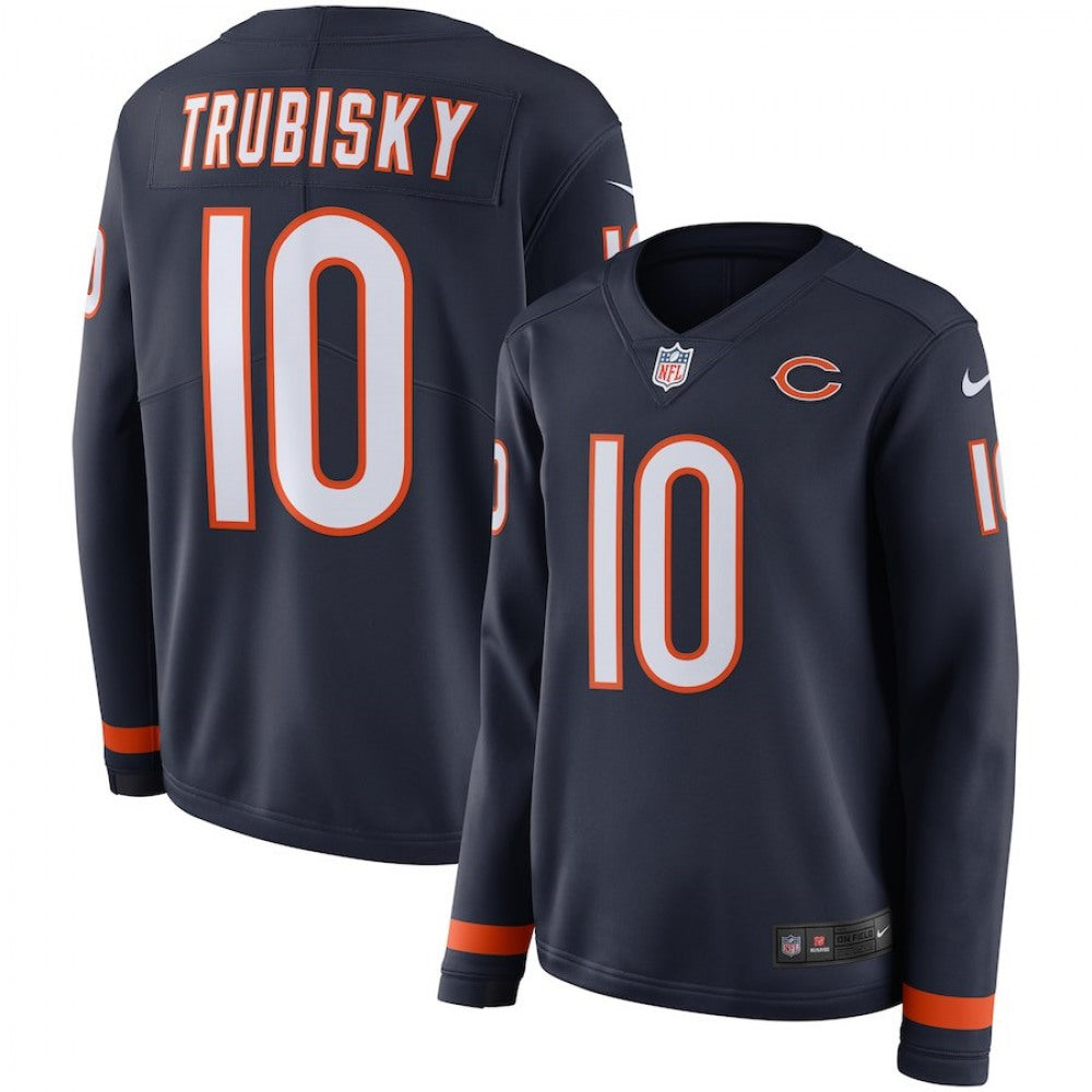 Women's Chicago Bears #10 Mitchell Trubisky Navy Therma Long Sleeve Stitched NFL Jersey 