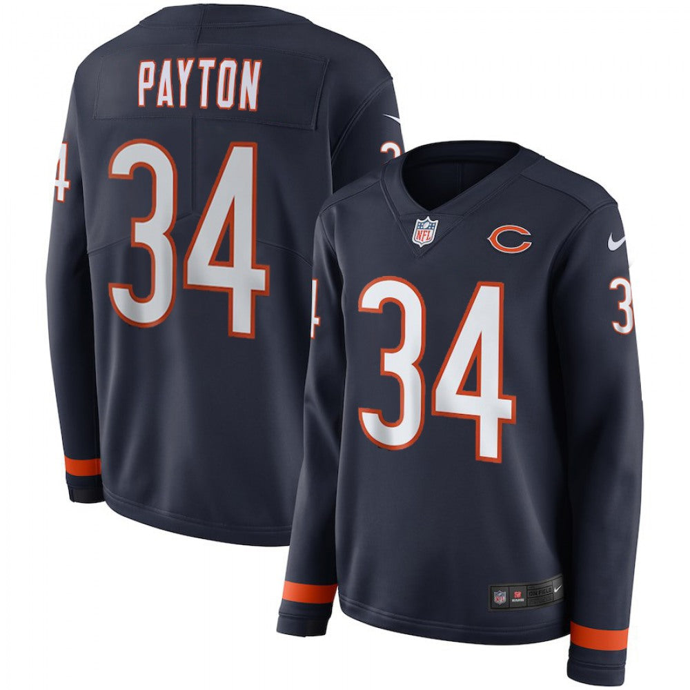 Women's Chicago Bears #34 Walter Payton Navy Therma Long Sleeve Stitched NFL Jersey 