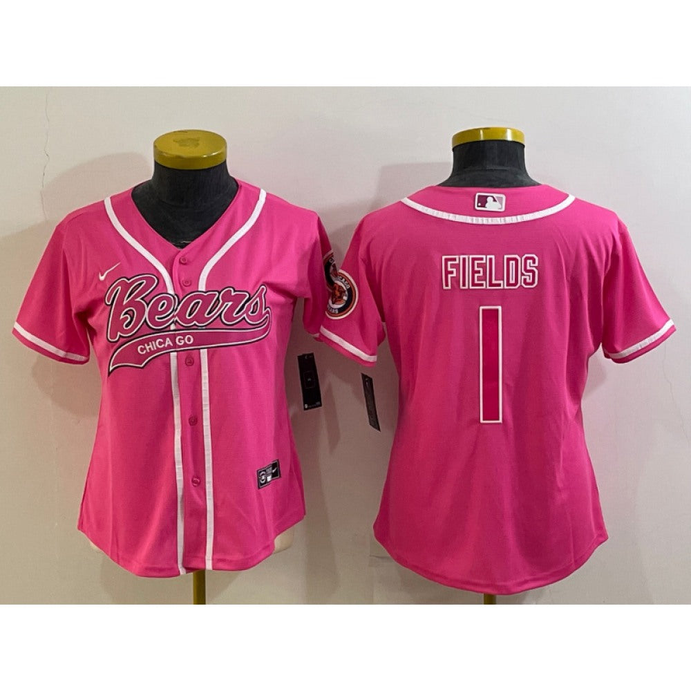 Women's Chicago Bears #1 Justin Fields Pink With Patch Cool Base Stitched Baseball Jersey(Run Small) 
