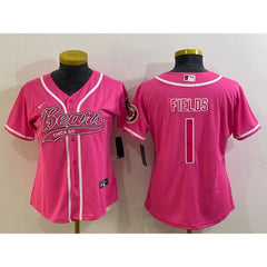 Women's Chicago Bears #1 Justin Fields Pink With Patch Cool Base Stitched Baseball Jersey(Run Small) 