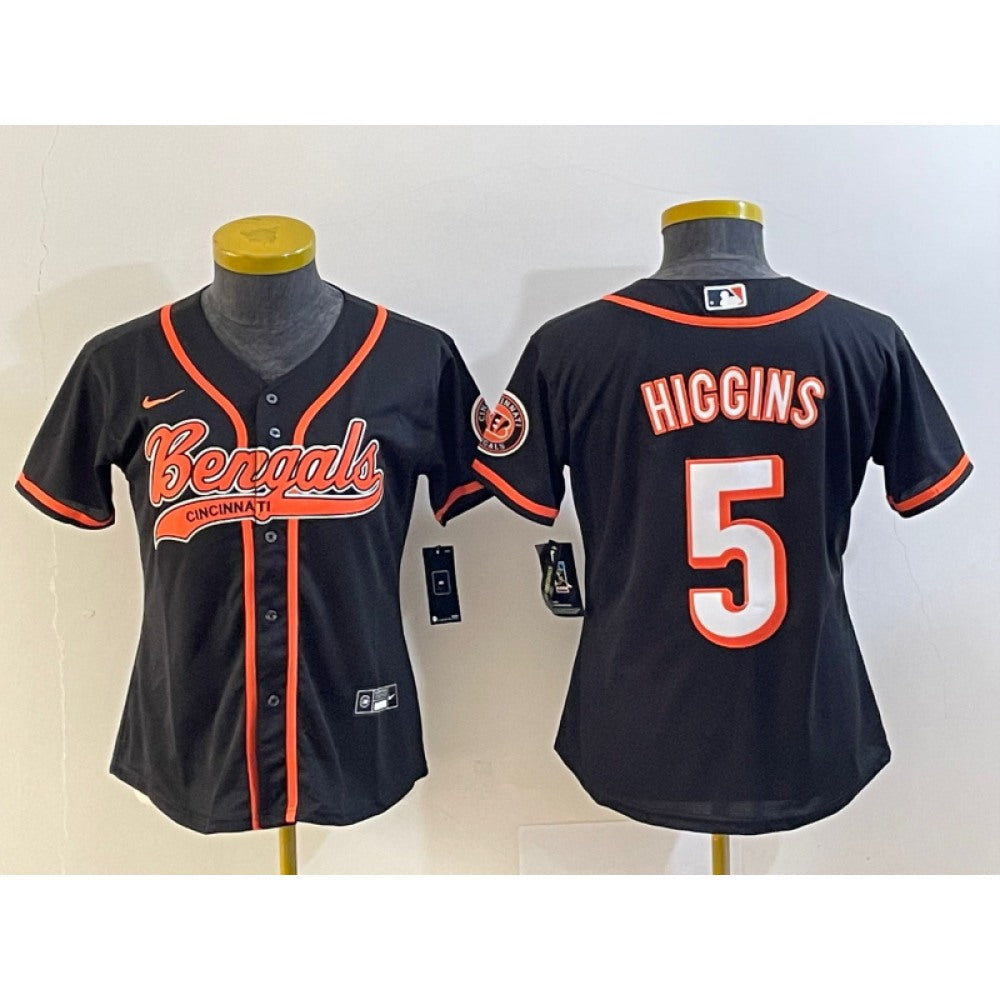 Women's Cincinnati Bengals #5 Tee Higgins Black With Patch Cool Base Stitched Baseball Jersey(Run Small) 