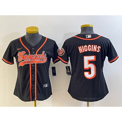 Women's Cincinnati Bengals #5 Tee Higgins Black With Patch Cool Base Stitched Baseball Jersey(Run Small) 