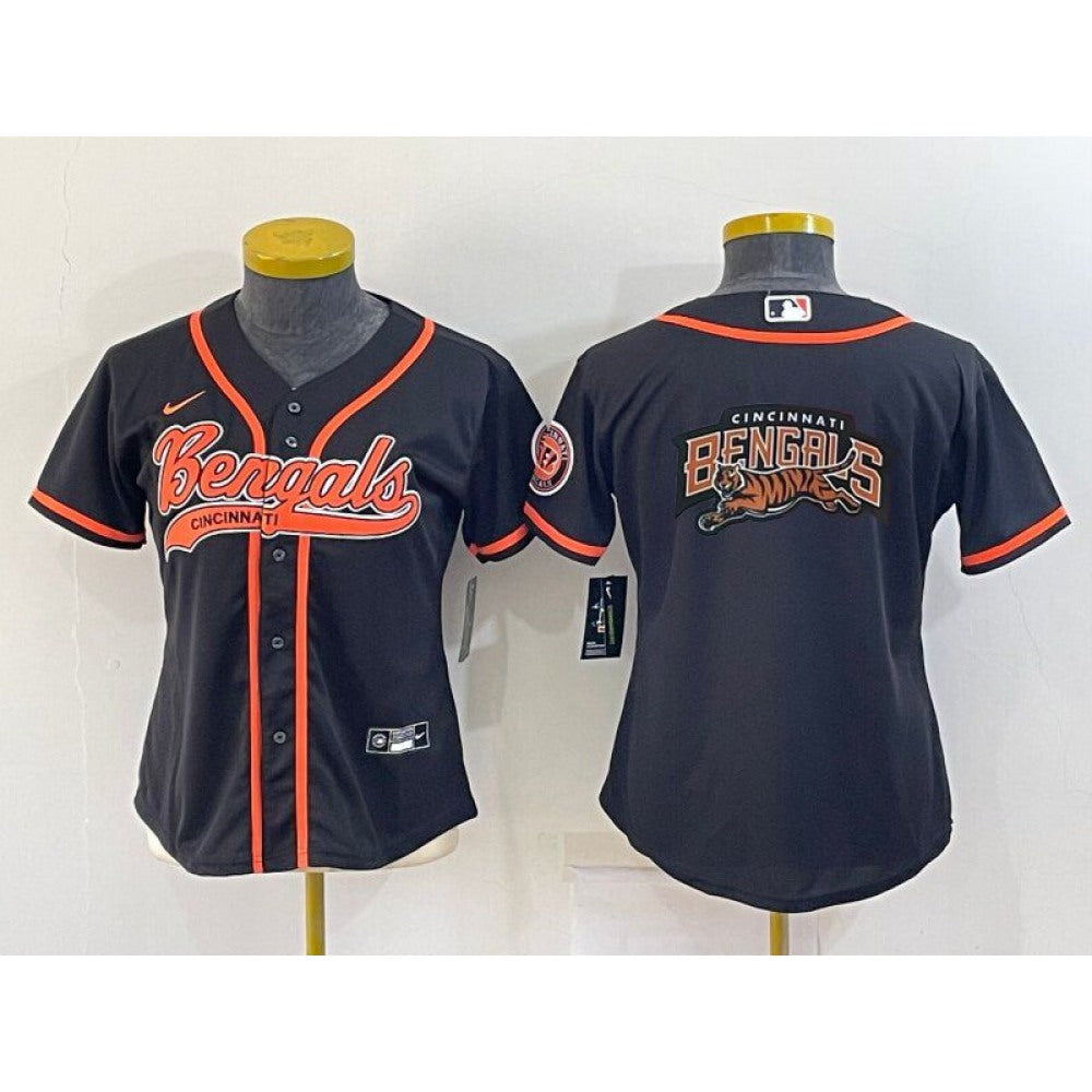Women's Cincinnati Bengals Black Team Big Logo With Patch Cool Base Stitched Baseball Jersey(Run Small) 