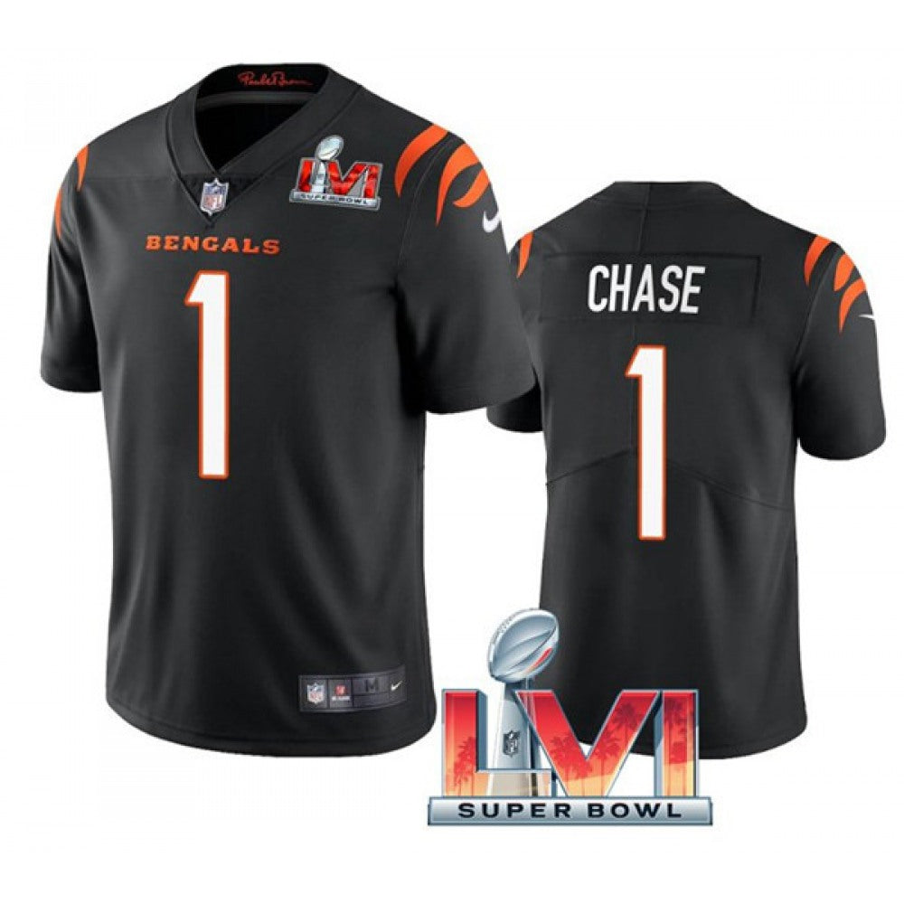 Women's Cincinnati Bengals #1 Ja'Marr Chase 2022 Black Super Bowl LVI Vapor Limited Stitched Jersey(Run Small) 