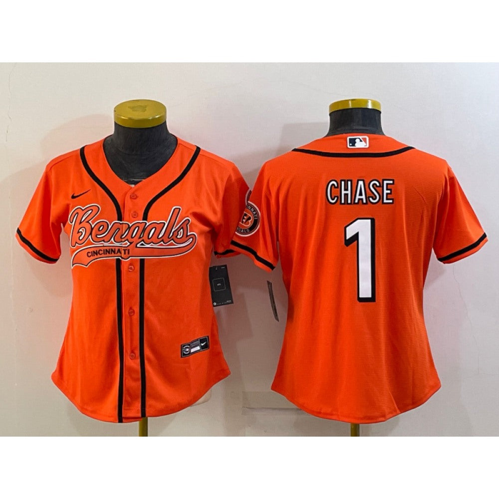 Women's Cincinnati Bengals #1 Ja'Marr Chase Orange With Patch Cool Base Stitched Baseball Jersey(Run Small) 