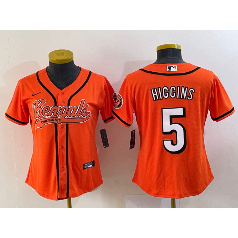 Women's Cincinnati Bengals #5 Tee Higgins Orange With Patch Cool Base Stitched Baseball Jersey(Run Small) 