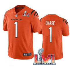Women's Cincinnati Bengals #1 Ja'Marr Chase 2022 Orange Super Bowl LVI Vapor Limited Stitched Jersey(Run Small) 
