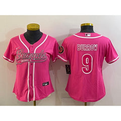 Women's Cincinnati Bengals #9 Joe Burrow Pink With Patch Cool Base Stitched Baseball Jersey(Run Small) 