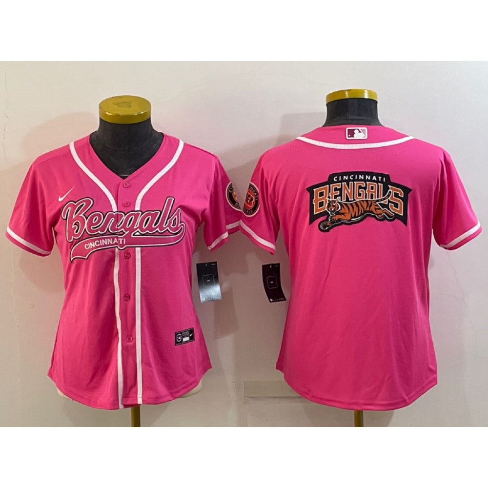 Women's Cincinnati Bengals Pink Team Big Logo With Patch Cool Base Stitched Baseball Jersey(Run Small) 