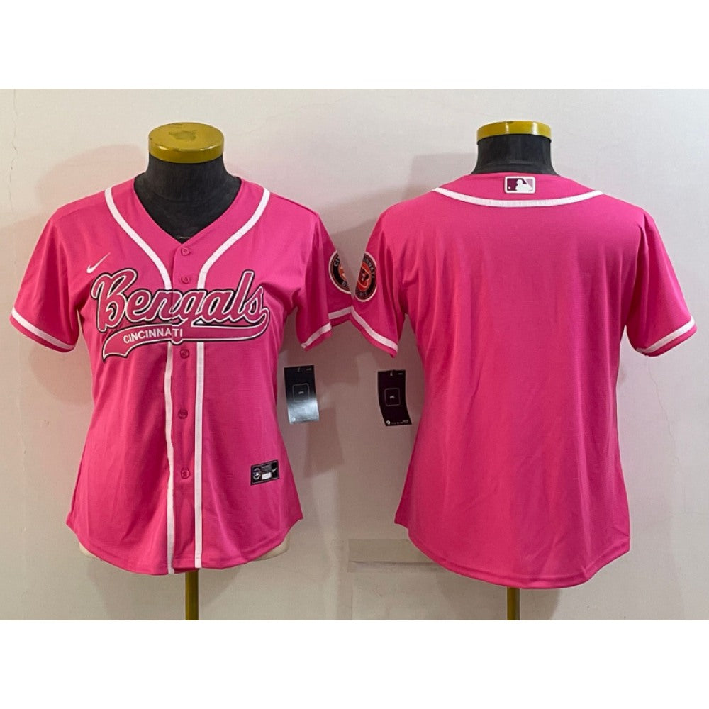 Women's Cincinnati Bengals Blank Pink With Patch Cool Base Stitched Baseball Jersey(Run Small) 
