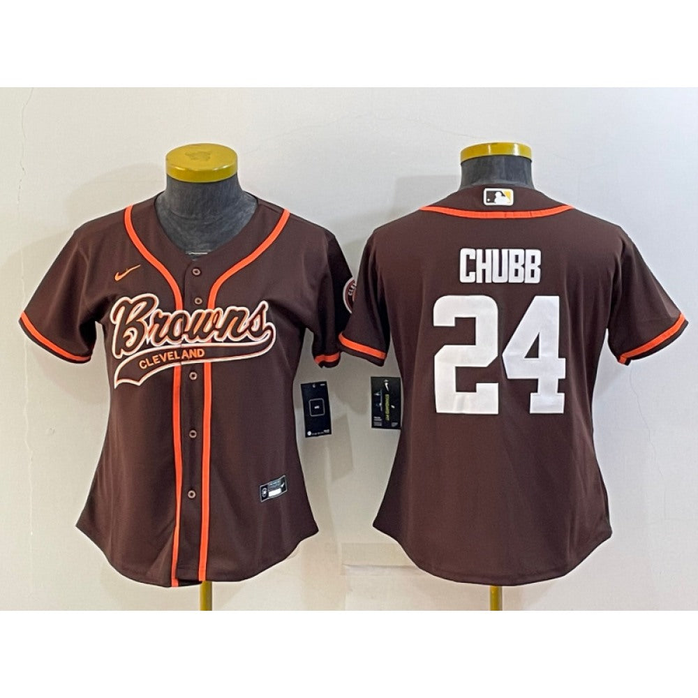 Women's Cleveland Browns #24 Nick Chubb Brown With Patch Cool Base Stitched Baseball Jersey(Run Small) 