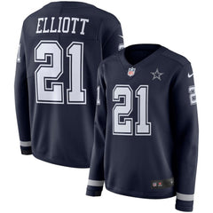 Women's Dallas Cowboys #21 Ezekiel Elliott Navy Therma Long Sleeve Stitched NFL Jersey 