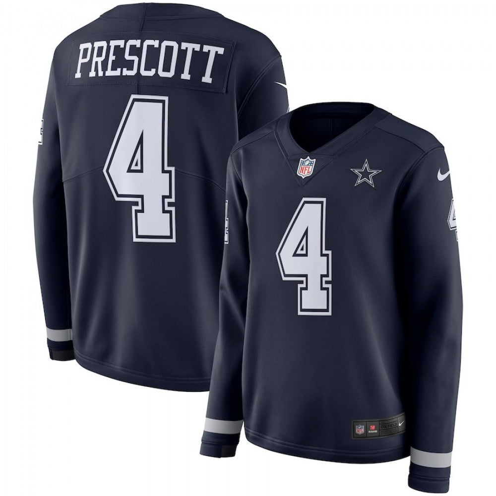 Women's Dallas Cowboys #4 Dak Prescott Navy Therma Long Sleeve Stitched NFL Jersey 