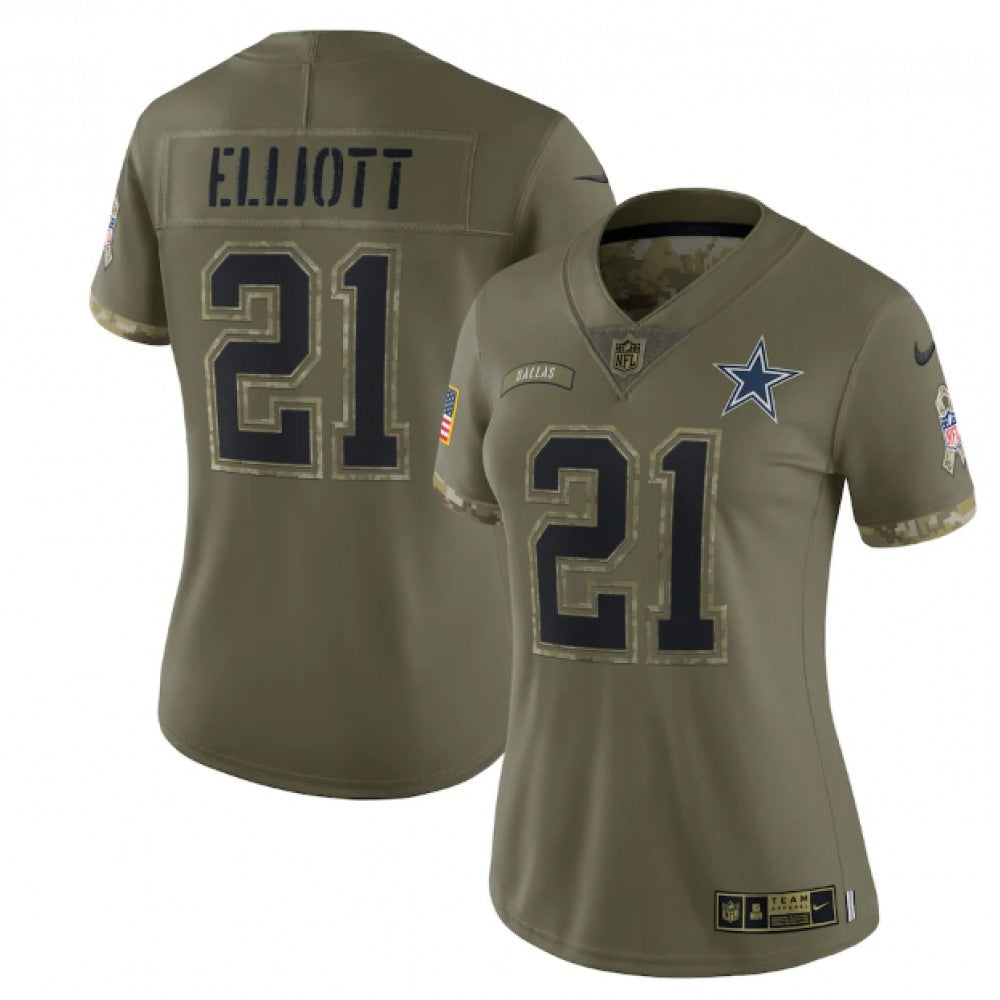 Women's Dallas Cowboys #21 Ezekiel Elliott 2022 Olive Salute To Service Limited Stitched Jersey(Run Small) 