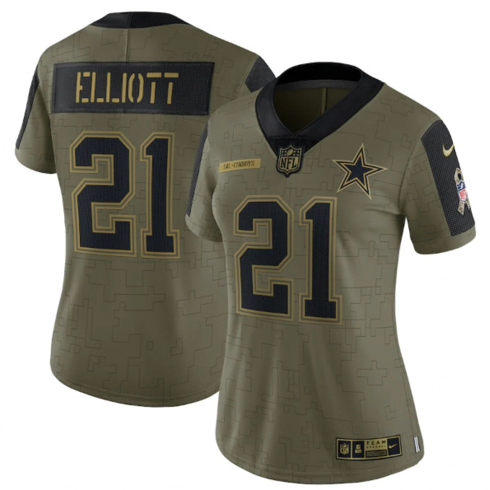 Women's Dallas Cowboys #21 Ezekiel Elliott 2021 Olive Salute To Service Limited Stitched Jersey 