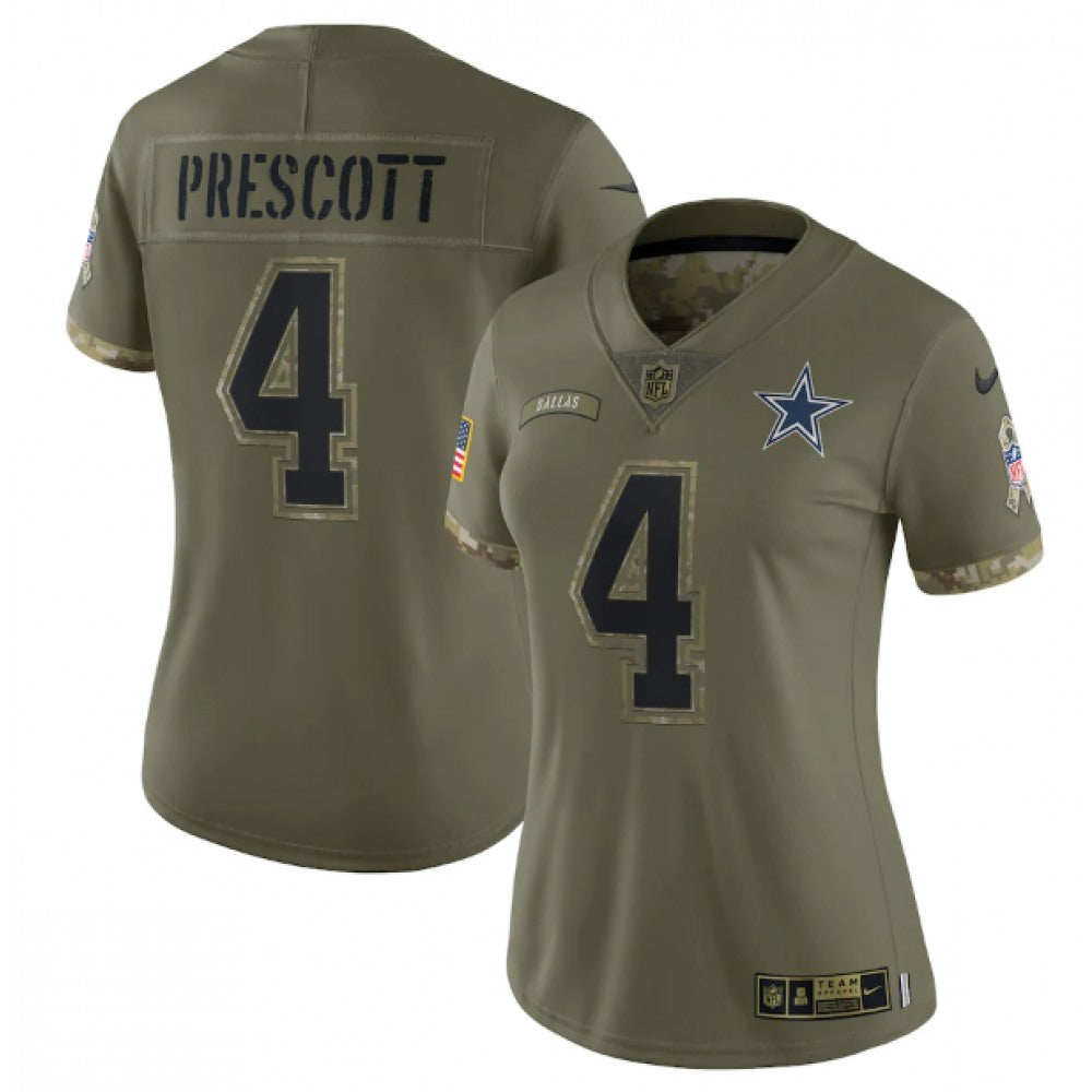 Women's Dallas Cowboys #4 Dak Prescott Olive 2022 Salute To Service Limited Stitched Jersey(Run Small) 
