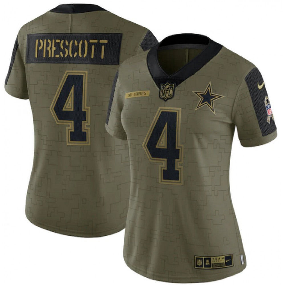 Women's Dallas Cowboys #4 Dak Prescott 2021 Olive Salute To Service Limited Stitched Jersey 