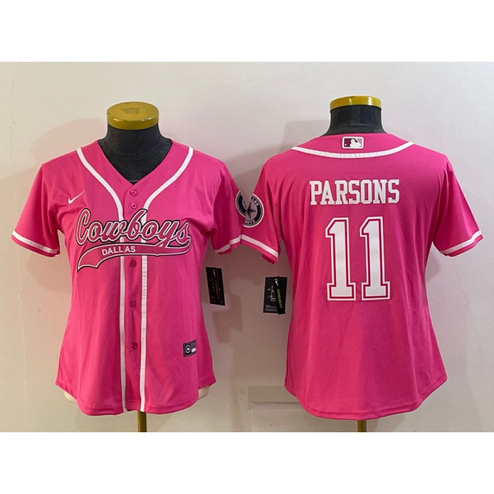 Women's Dallas Cowboys #11 Micah Parsons Pink With Patch Cool Base Stitched Baseball Jersey(Run Small) 