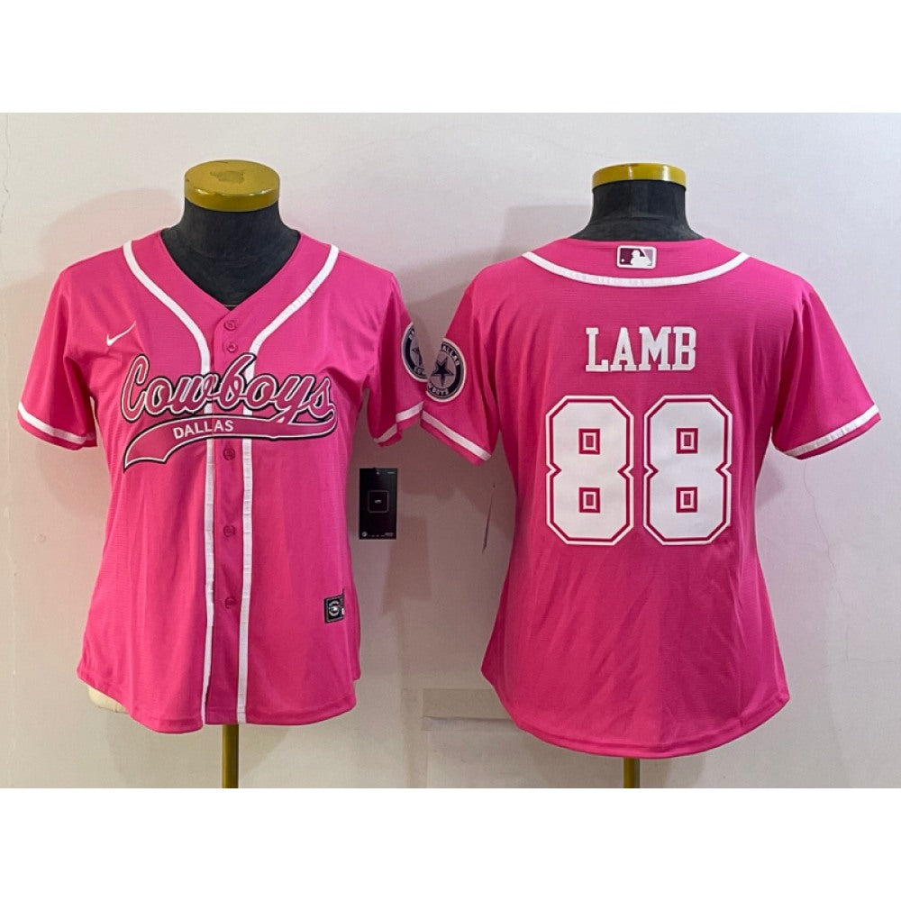 Women's Dallas Cowboys #88 CeeDee Lamb Pink With Patch Cool Base Stitched Baseball Jersey(Run Small) 