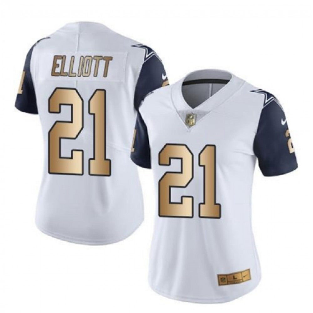 Women's Dallas Cowboys #21 Ezekiel Elliott White Gold Stitched NFL Jersey(Run Small) 