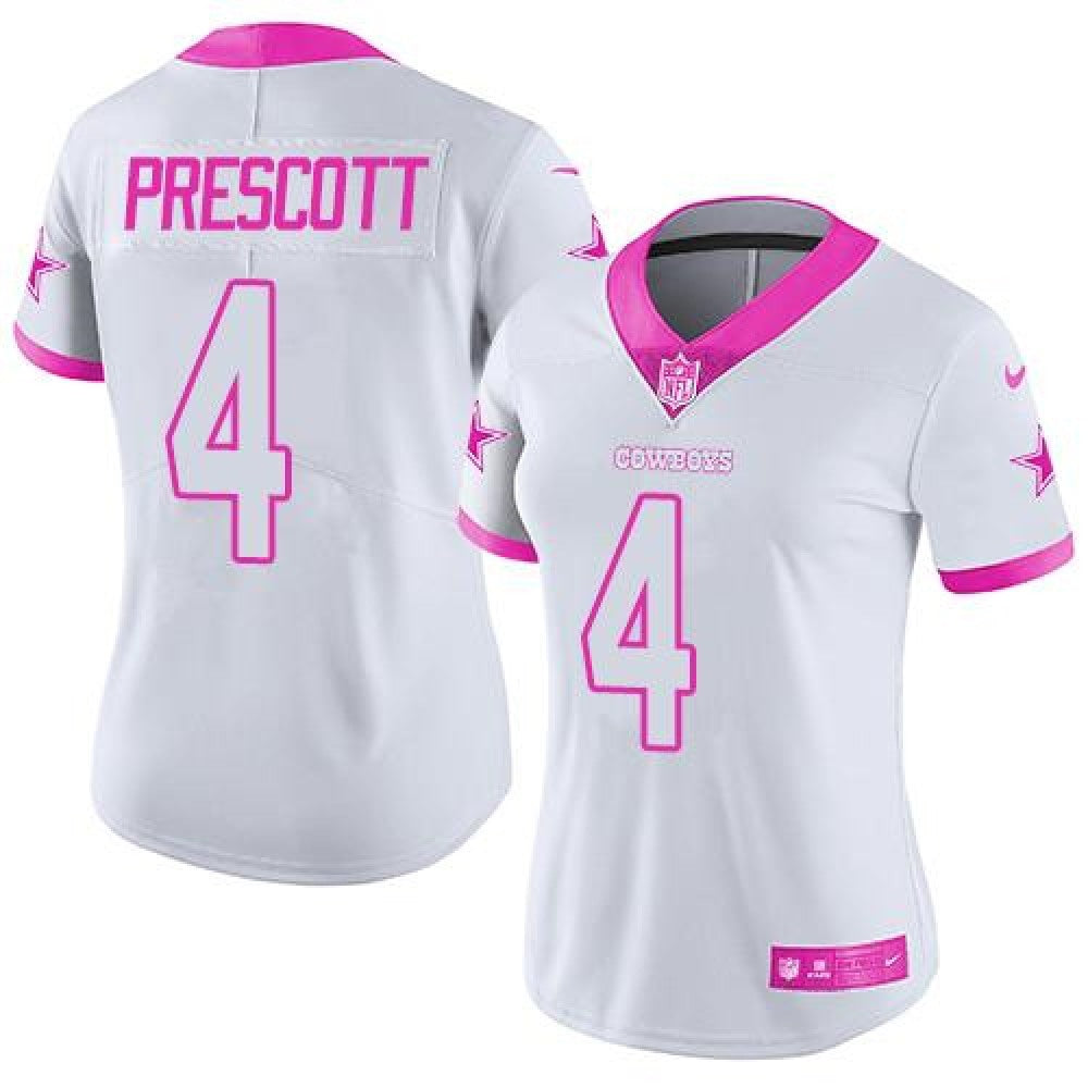 Cowboys #4 Dak Prescott White/Pink Women's Stitched NFL Limited Rush Fashion Jersey 