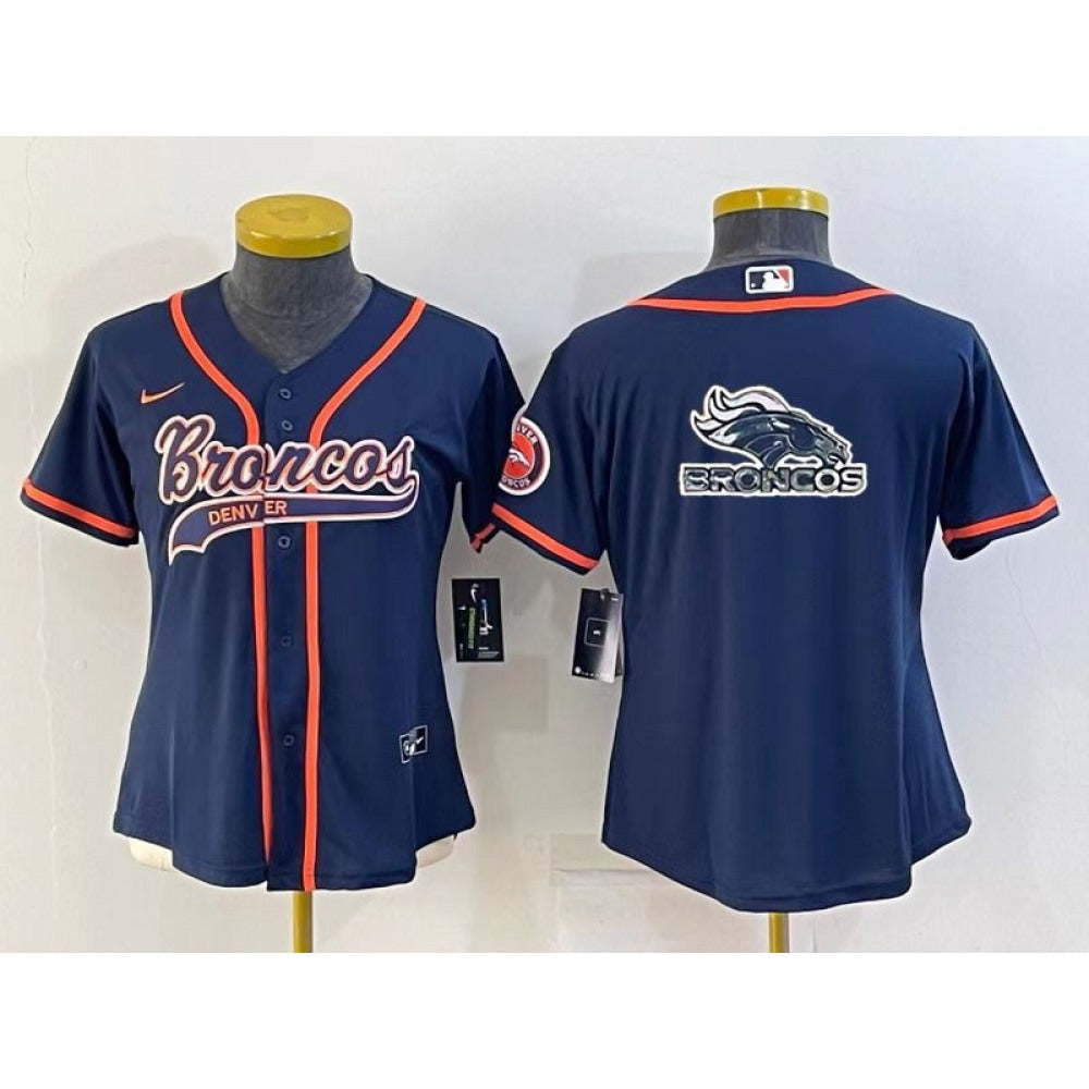 Women's Denver Broncos Navy Team Big Logo With Patch Cool Base Stitched Baseball Jersey(Run Small) 