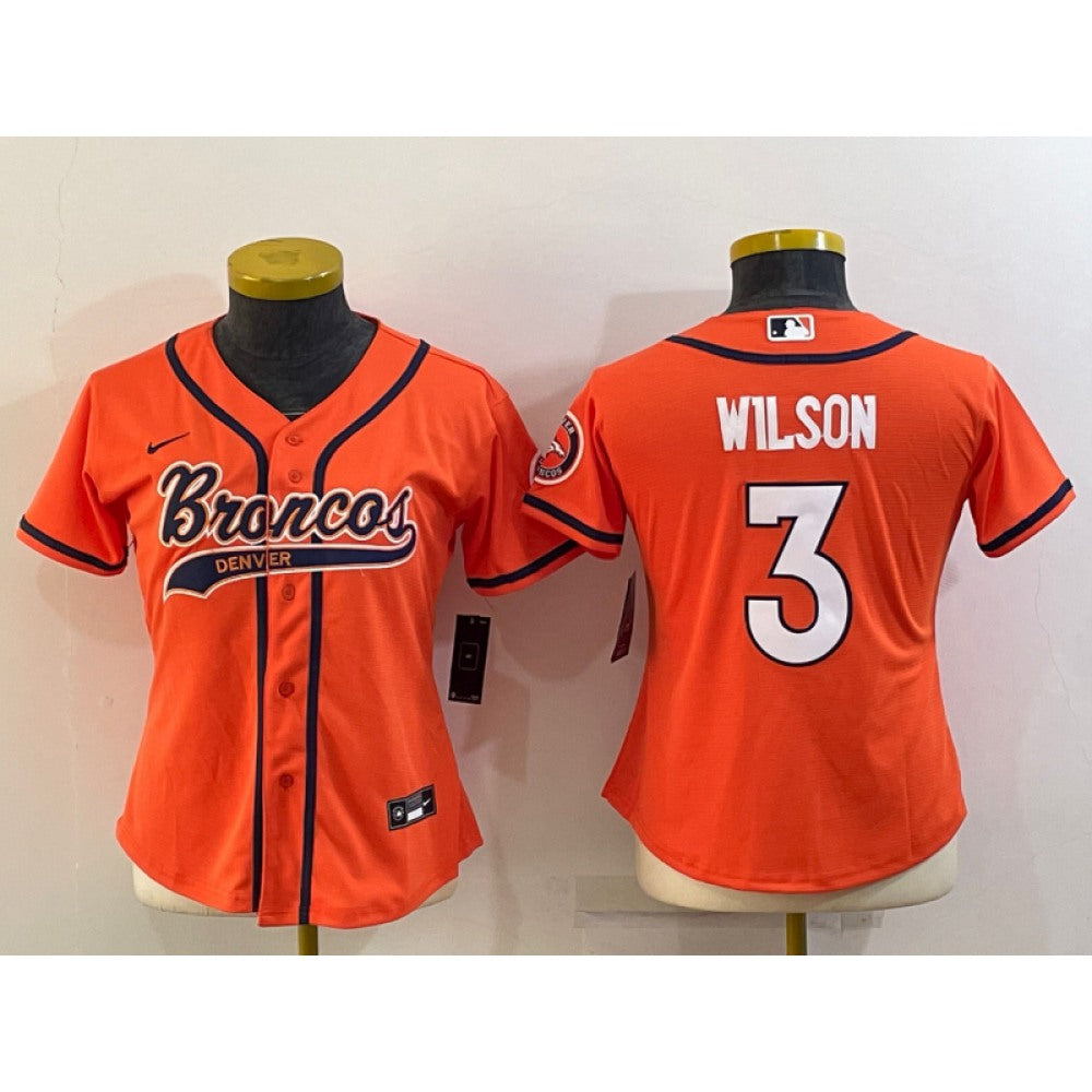 Women's Denver Broncos #3 Russell Wilson Orange With Patch Cool Base Stitched Baseball Jersey(Run Small) 