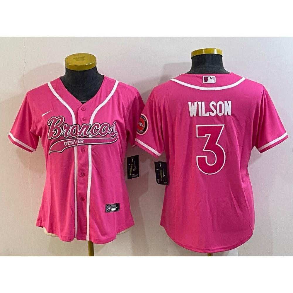 Women's Denver Broncos #3 Russell Wilson Pink With Patch Cool Base Stitched Baseball Jersey(Run Small) 
