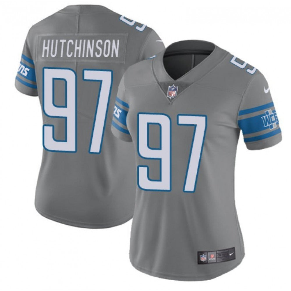 Women's Detroit Lions #97 Aidan Hutchinson Grey Vapor Limited Stitched Football Jersey(Run Smaller) 