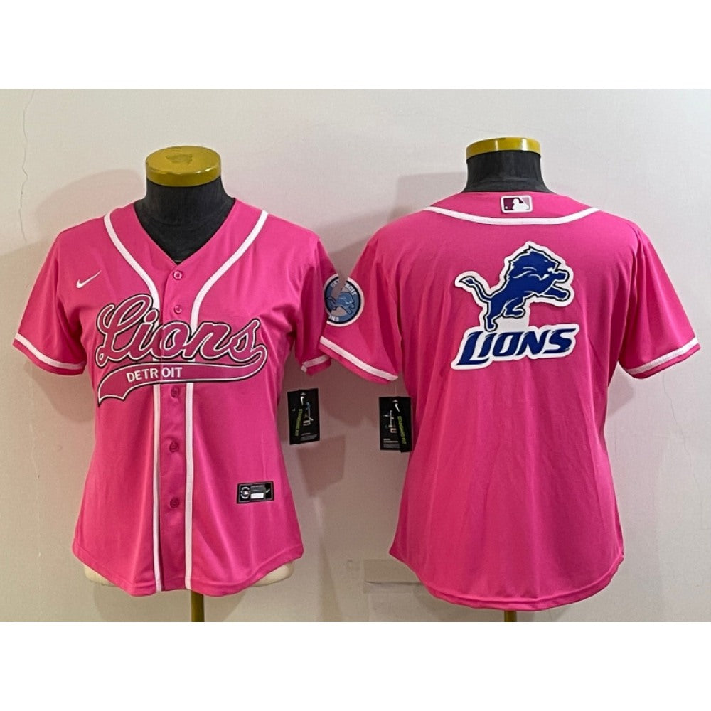 Women's Detroit Lions Pink Team Big Logo With Patch Cool Base Stitched Baseball Jersey(Run Small) 