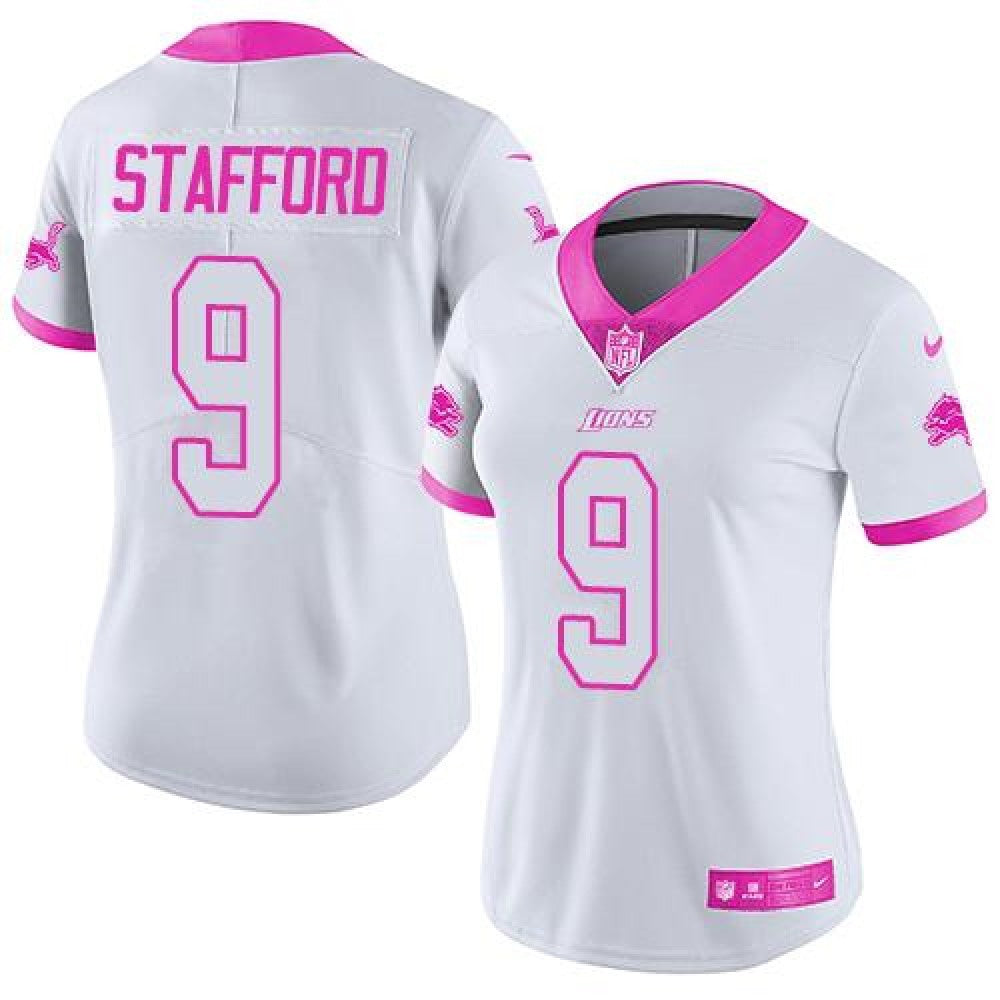 Lions #9 Matthew Stafford White/Pink Women's Stitched NFL Limited Rush Fashion Jersey 