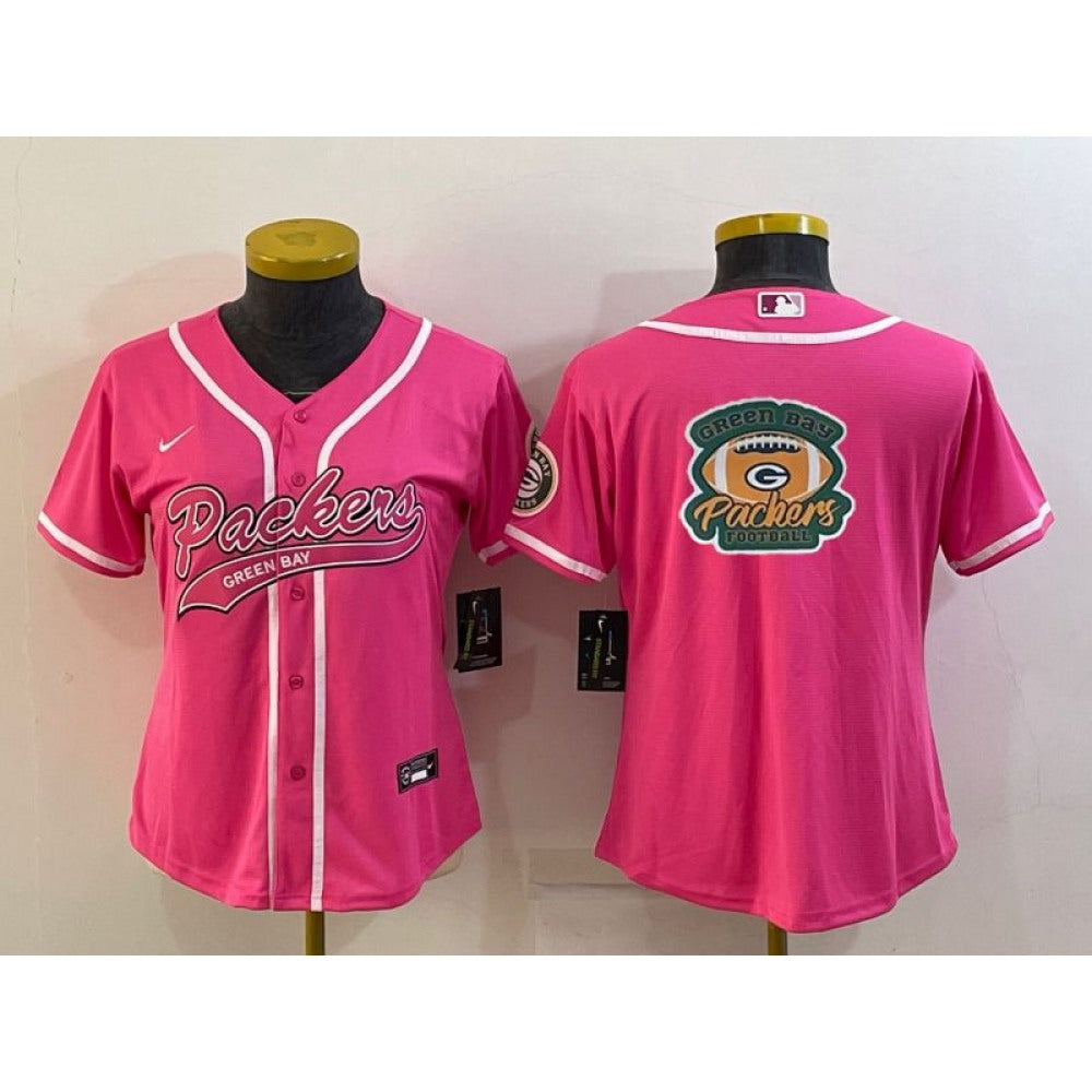 Women's Green Bay Packers Pink Team Big Logo With Patch Cool Base Stitched Baseball Jersey(Run Small) 