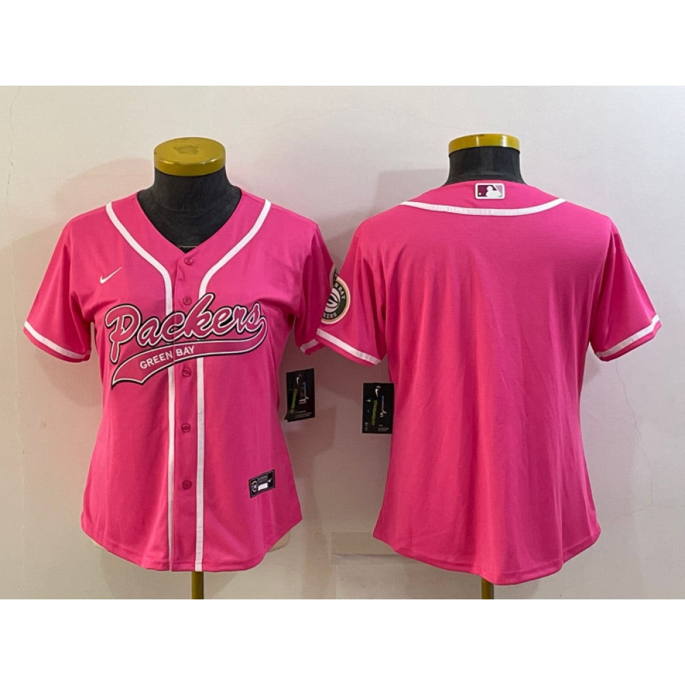 Women's Green Bay Packers Blank Pink With Patch Cool Base Stitched Baseball Jersey(Run Small) 