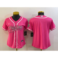Women's Green Bay Packers Blank Pink With Patch Cool Base Stitched Baseball Jersey(Run Small) 
