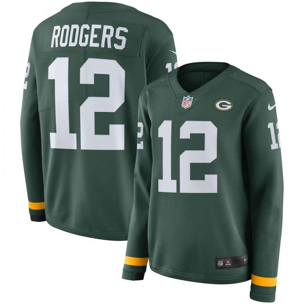 Women's Green Bay Packers #12 Aaron Rodgers Green Therma Long Sleeve Stitched NFL Jersey 