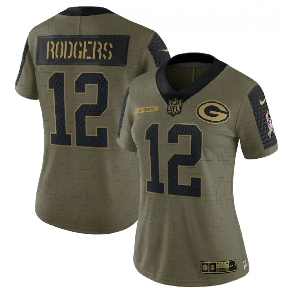 Women's Green Bay Packers #12 Aaron Rodgers 2021 Olive Salute To Service Limited Stitched Jersey(Run Small) 