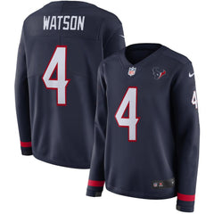 Women's Houston Texans #4 Deshaun Watson Navy Therma Long Sleeve Stitched NFL Jersey 