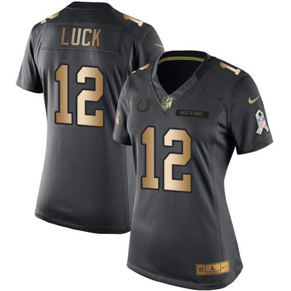 Colts #12 Andrew Luck Black Women's Stitched NFL Limited Gold Salute to Service Jersey 