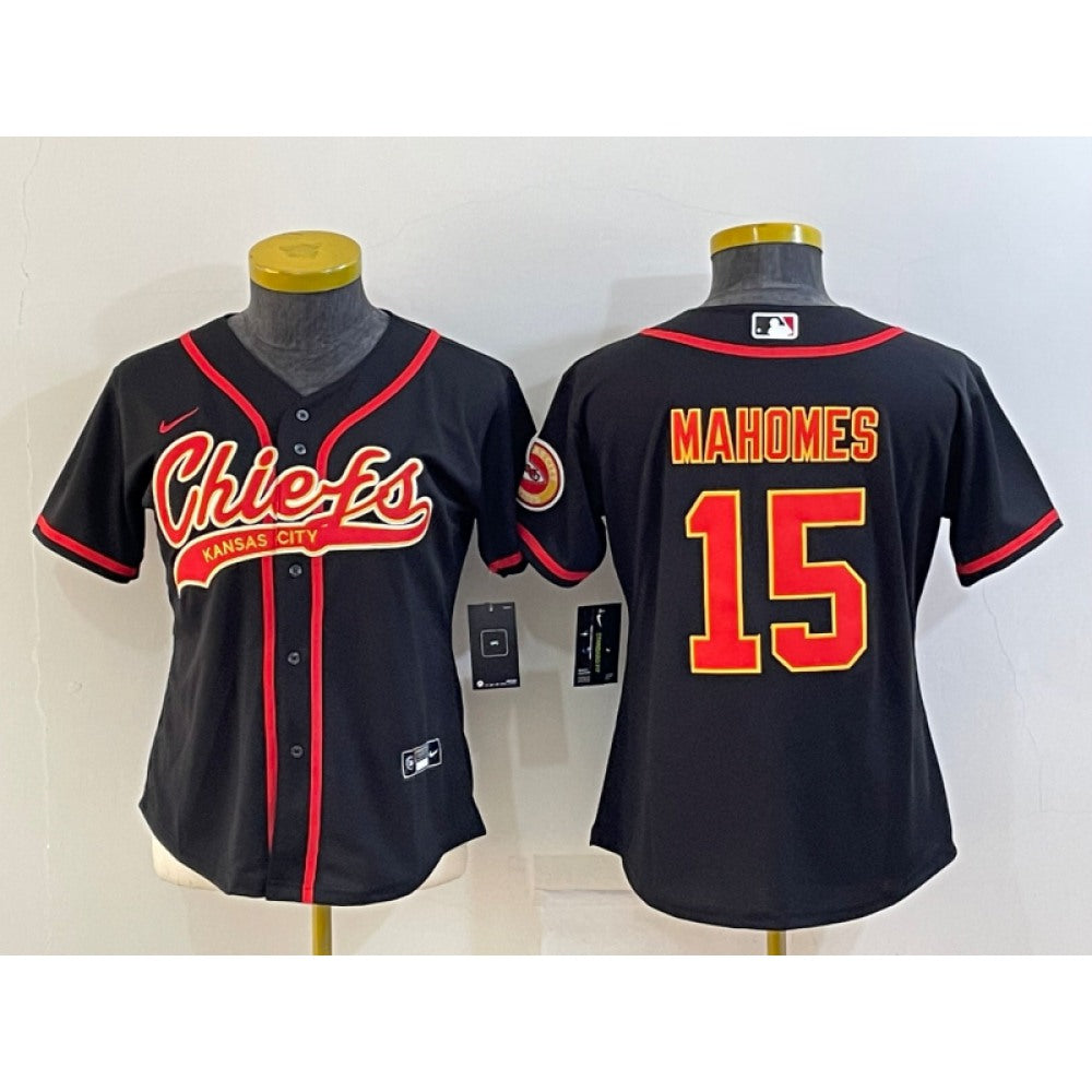 Women's Kansas City Chiefs #15 Patrick Mahomes Black With Patch Cool Base Stitched Baseball Jersey(Run Small) 