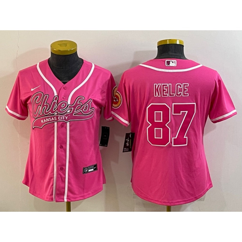 Women's Kansas City Chiefs #87 Travis Kelce Pink With Patch Cool Base Stitched Baseball Jersey(Run Small) 
