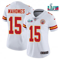 Women's Kansas City Chiefs #15 Patrick Mahomes White Super Bowl LVII Patch Vapor Stitched Jersey(Run Small) 